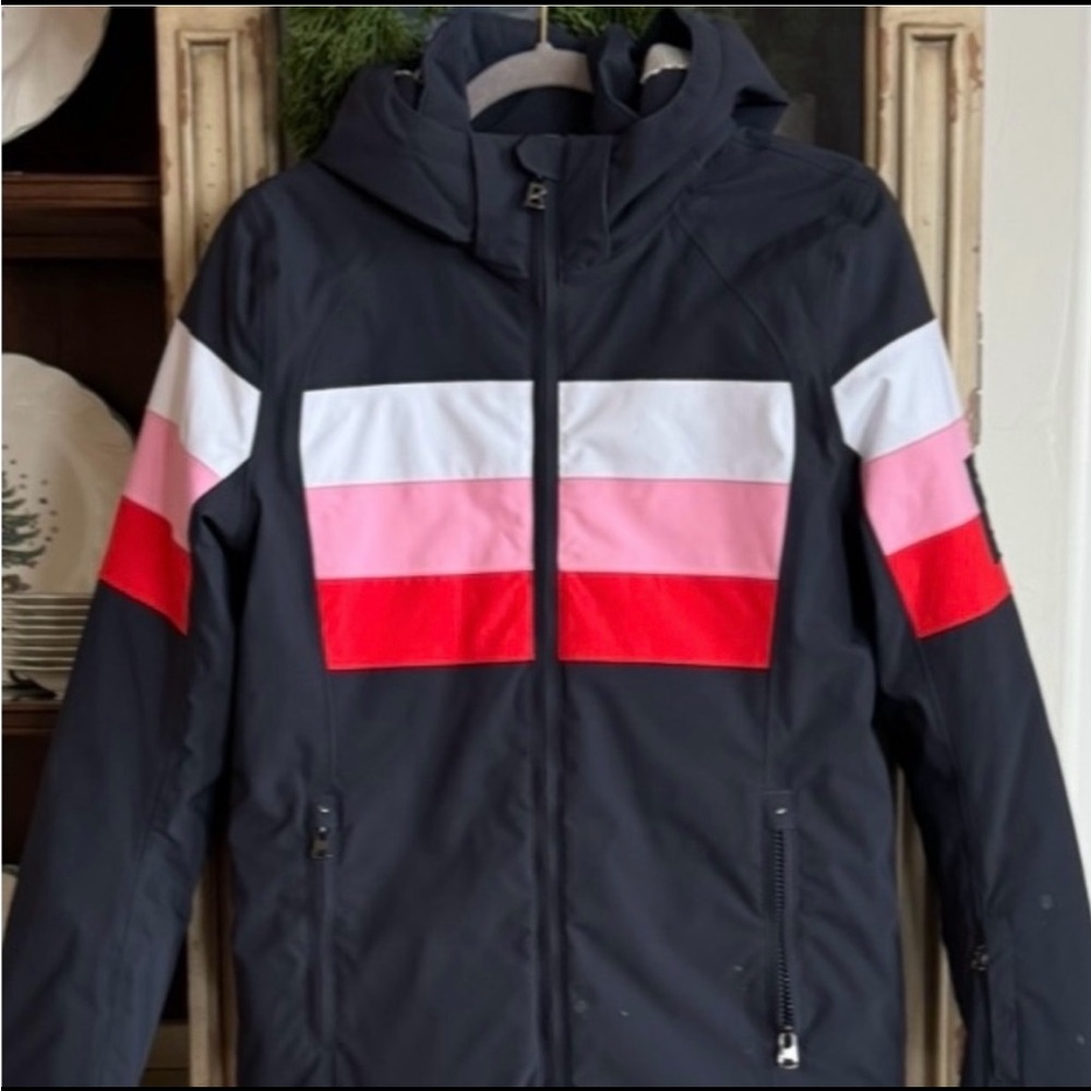 Bogner Blue and Pink Puffer Jacket with Hood and Color Block Design